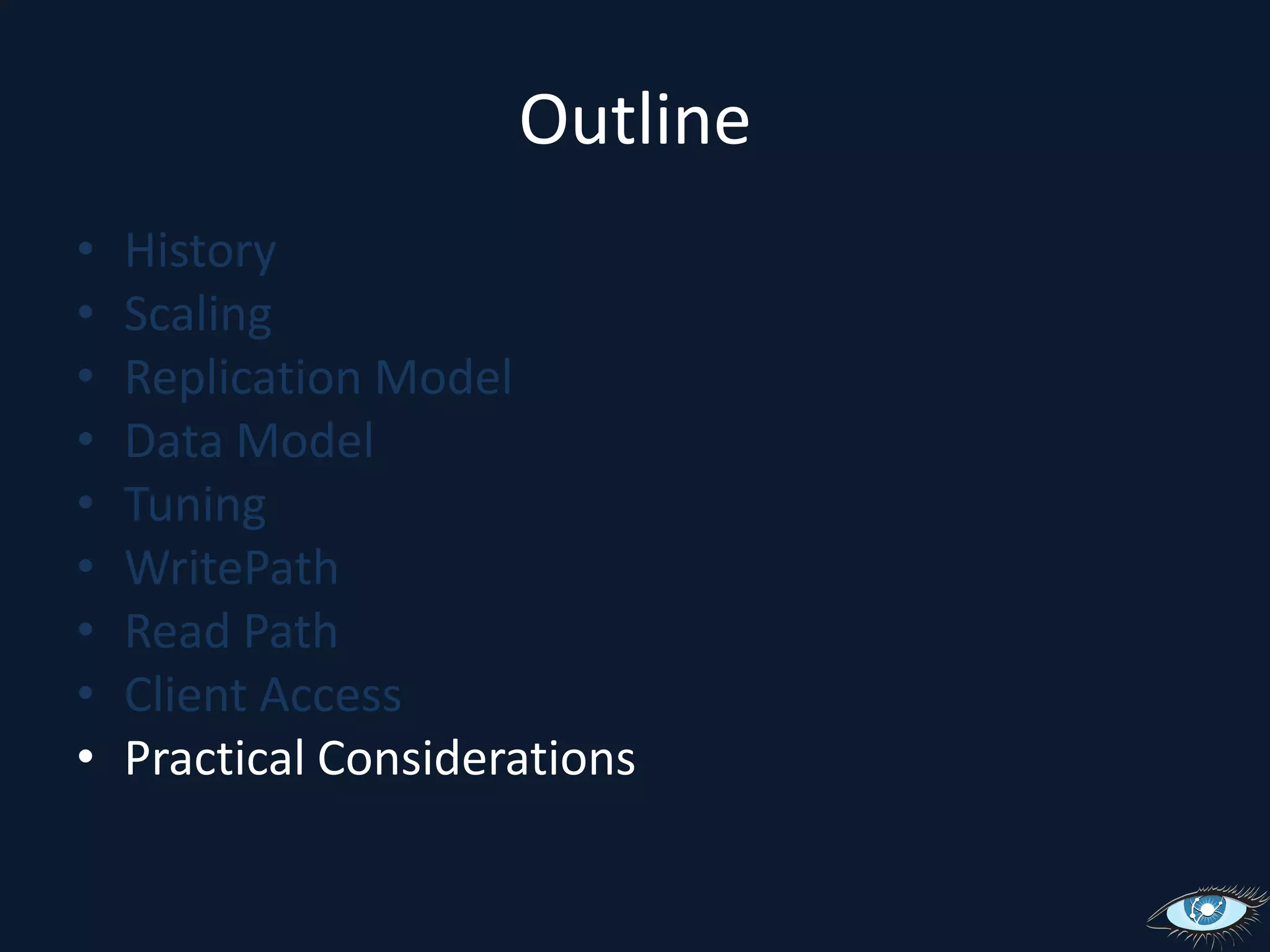 Client API (Low Level)Fat ClientLive non-storage nodeReduced RPC overheadThrift (12 language bindings!)http://incubator.apache.org/thrift/No streamingAvroWork in progress
