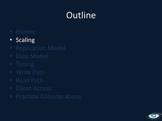OutlineHistoryScalingReplication ModelData ModelTuningWrite PathRead PathClient AccessPractical Considerations