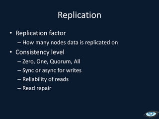 ReplicationReplication factorHow many nodes data is replicated onConsistency levelZero, One, Quorum, AllSync or async for writesReliability of readsRead repair