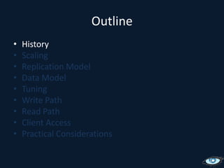 OutlineHistoryScalingReplication ModelData ModelTuningWrite PathRead PathClient AccessPractical Considerations