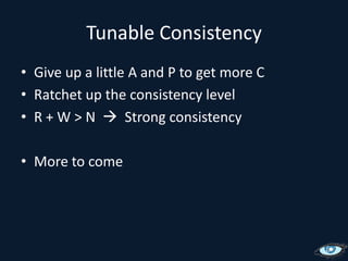 Eventually ConsistentCAP TheoremConsistencyAvailabilityPartition ToleranceChoose twoCassandra chooses A and PBut…