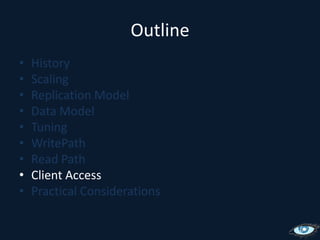 Querying: OverviewYou need a key or keys:Single: key=‘a’Range: key=‘a’ through ’f’And columns to retrieve:Slice:  cols={bar through kite}By name: key=‘b’ cols={bar, cat, llama}Nothing like SQL “WHERE col=‘faz’”But secondary indices are being worked on (see CASSANDRA-749)