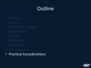 Client API (Low Level)Fat ClientLive non-storage nodeReduced RPC overheadThrift (12 language bindings!)http://incubator.apache.org/thrift/No streamingAvroWork in progress