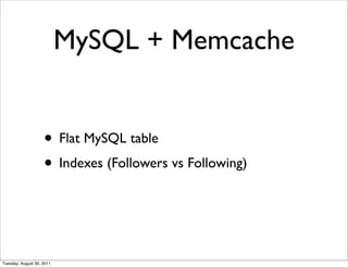 MySQL + Memcache


                    • Flat MySQL table
                    • Indexes (Followers vs Following)


Tuesday, August 30, 2011
 