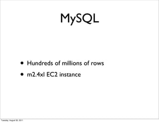 MySQL


                    • Hundreds of millions of rows
                    • m2.4xl EC2 instance


Tuesday, August 30, 2011
 