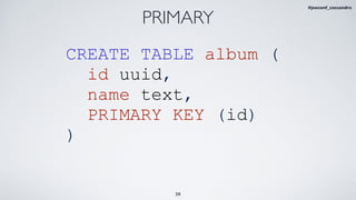 28
PRIMARY
CREATE TABLE album (
id uuid,
name text,
PRIMARY KEY (id)
)
#jeeconf_cassandra
 