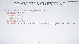 30
COMPOSITE & CLUESTERING
CREATE TABLE teacher_lesson (
teacher text,
lesson text,
topic text,
duration int,
PRIMARY KEY ((teacher, lesson), topic, duration)
)
#jeeconf_cassandra
 