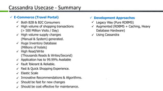 Cassandra Usecase - Summary
 E-Commerce (Travel Portal)  Development Approaches


Both B2B & B2C Consumers
High volume of shopping transactions
(> 500 Million Visits / Day)
High volume supply changes
(Manual & System) generated.
Huge Inventory Database
(Millions of hotels)
High Read/Write
(Thousands Reads & Writes/Second)
Application has to 99.99% Available
Fault Tolerant & Reliable.
Fast & Quick Shopping Experience.
Elastic Scale
Innovative Recommendations & Algorithms.
Should be fast for new changes
Should be cost effective for maintenance.


Legacy Way (Pure RDBMS)
Augmented (RDBMS + Caching, Heavy
Database Hardware)
Using Cassandra 









 