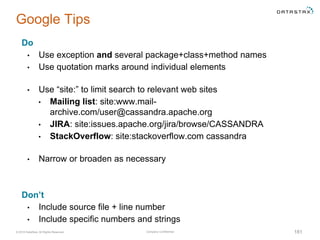 Company Confidential© 2016 DataStax, All Rights Reserved.
Google Tips
Do
• Use exception and several package+class+method names
• Use quotation marks around individual elements
• Use “site:” to limit search to relevant web sites
• Mailing list: site:www.mail-
archive.com/user@cassandra.apache.org
• JIRA: site:issues.apache.org/jira/browse/CASSANDRA
• StackOverflow: site:stackoverflow.com cassandra
• Narrow or broaden as necessary
Don’t
• Include source file + line number
• Include specific numbers and strings
181
 