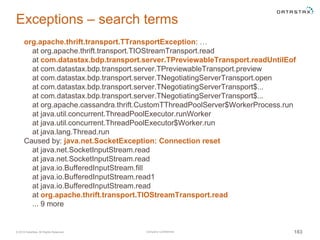 Company Confidential© 2016 DataStax, All Rights Reserved. 183
Exceptions – search terms
org.apache.thrift.transport.TTransportException: …
at org.apache.thrift.transport.TIOStreamTransport.read
at com.datastax.bdp.transport.server.TPreviewableTransport.readUntilEof
at com.datastax.bdp.transport.server.TPreviewableTransport.preview
at com.datastax.bdp.transport.server.TNegotiatingServerTransport.open
at com.datastax.bdp.transport.server.TNegotiatingServerTransport$...
at com.datastax.bdp.transport.server.TNegotiatingServerTransport$...
at org.apache.cassandra.thrift.CustomTThreadPoolServer$WorkerProcess.run
at java.util.concurrent.ThreadPoolExecutor.runWorker
at java.util.concurrent.ThreadPoolExecutor$Worker.run
at java.lang.Thread.run
Caused by: java.net.SocketException: Connection reset
at java.net.SocketInputStream.read
at java.net.SocketInputStream.read
at java.io.BufferedInputStream.fill
at java.io.BufferedInputStream.read1
at java.io.BufferedInputStream.read
at org.apache.thrift.transport.TIOStreamTransport.read
... 9 more
 