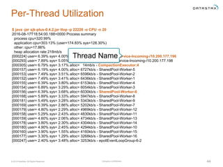 Company Confidential© 2016 DataStax, All Rights Reserved. 44
Per-Thread Utilization
$ java -jar sjk-plus-0.4.2.jar ttop -p 22226 -o CPU -n 20
2016-08-17T18:54:00.188+0000 Process summary
process cpu=320.99%
application cpu=303.13% (user=174.83% sys=128.30%)
other: cpu=17.86%
heap allocation rate 218mb/s
[000224] user= 6.39% sys= 4.00% alloc= 29mb/s - MessagingService-Incoming-/10.200.177.196
[000293] user= 7.89% sys= 5.05% alloc= 29mb/s - MessagingService-Incoming-/10.200.177.198
[000305] user= 6.79% sys= 3.17% alloc= 14mb/s - CompactionExecutor:4
[000157] user= 6.19% sys= 4.00% alloc= 6727kb/s - SharedPool-Worker-5
[000153] user= 7.49% sys= 3.51% alloc= 6596kb/s - SharedPool-Worker-2
[000152] user= 7.49% sys= 3.41% alloc= 6436kb/s - SharedPool-Worker-1
[000155] user= 6.39% sys= 3.80% alloc= 6153kb/s - SharedPool-Worker-4
[000154] user= 6.89% sys= 3.29% alloc= 6054kb/s - SharedPool-Worker-3
[000156] user= 6.39% sys= 3.68% alloc= 6030kb/s - SharedPool-Worker-6
[000168] user= 5.89% sys= 3.33% alloc= 5947kb/s - SharedPool-Worker-8
[000181] user= 5.49% sys= 3.28% alloc= 5343kb/s - SharedPool-Worker-9
[000169] user= 6.39% sys= 2.86% alloc= 5202kb/s - SharedPool-Worker-7
[000179] user= 4.80% sys= 2.29% alloc= 4969kb/s - SharedPool-Worker-12
[000158] user= 5.29% sys= 2.43% alloc= 4830kb/s - SharedPool-Worker-11
[000159] user= 4.60% sys= 2.06% alloc= 4734kb/s - SharedPool-Worker-13
[000178] user= 3.80% sys= 2.30% alloc= 4304kb/s - SharedPool-Worker-14
[000180] user= 4.90% sys= 2.45% alloc= 4294kb/s - SharedPool-Worker-10
[000160] user= 3.90% sys= 1.55% alloc= 4160kb/s - SharedPool-Worker-15
[000177] user= 3.30% sys= 1.29% alloc= 3268kb/s - SharedPool-Worker-16
[000247] user= 2.40% sys= 3.48% alloc= 3253kb/s - epollEventLoopGroup-6-2
Thread Name
 