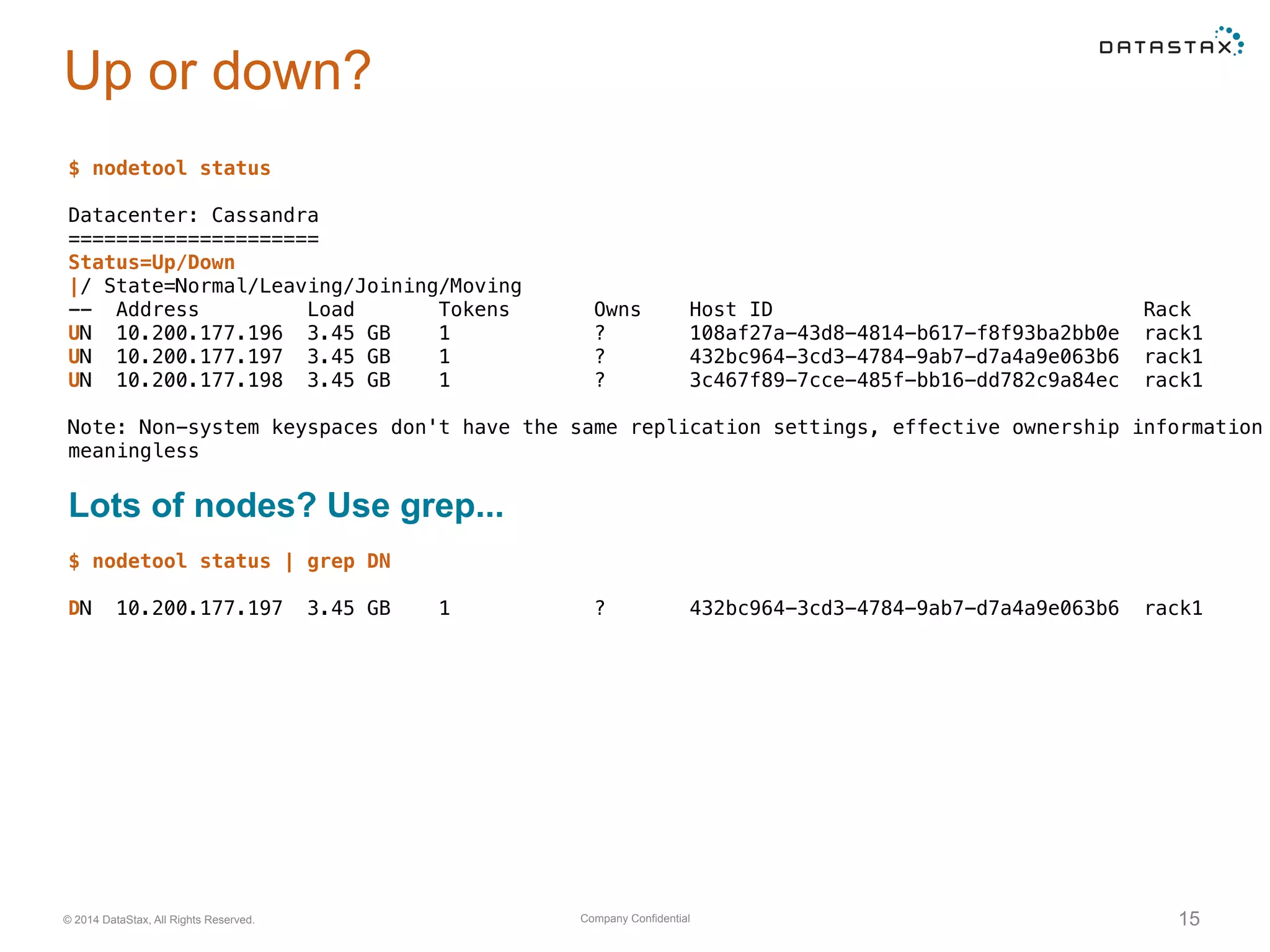 Company Confidential© 2014 DataStax, All Rights Reserved. 15
Up or down?
$ nodetool status
Datacenter: Cassandra
=====================
Status=Up/Down
|/ State=Normal/Leaving/Joining/Moving
-- Address Load Tokens Owns Host ID Rack
UN 10.200.177.196 3.45 GB 1 ? 108af27a-43d8-4814-b617-f8f93ba2bb0e rack1
UN 10.200.177.197 3.45 GB 1 ? 432bc964-3cd3-4784-9ab7-d7a4a9e063b6 rack1
UN 10.200.177.198 3.45 GB 1 ? 3c467f89-7cce-485f-bb16-dd782c9a84ec rack1
Note: Non-system keyspaces don't have the same replication settings, effective ownership information
meaningless
Lots of nodes? Use grep...
$ nodetool status | grep DN
DN 10.200.177.197 3.45 GB 1 ? 432bc964-3cd3-4784-9ab7-d7a4a9e063b6 rack1
 