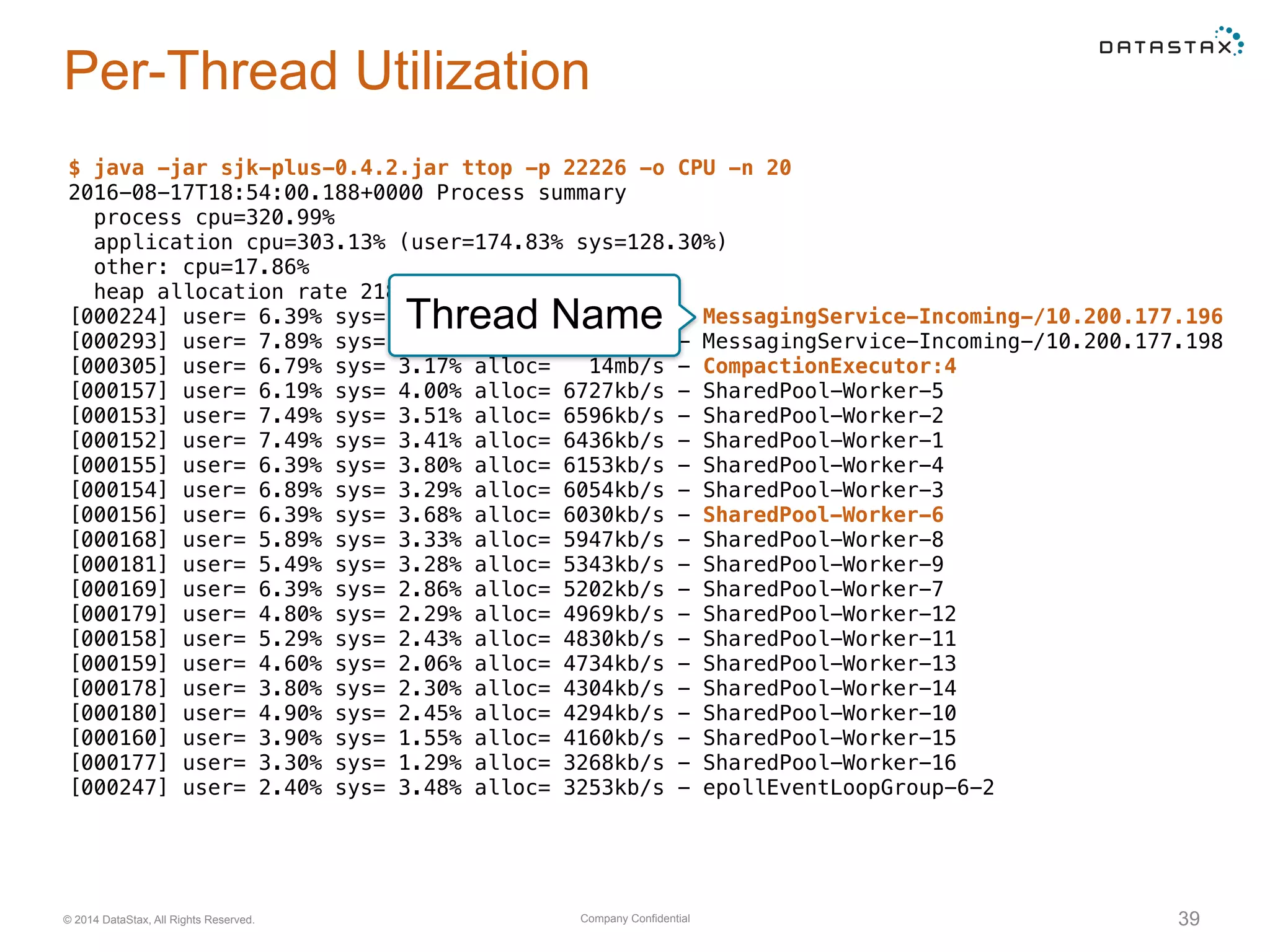 Company Confidential© 2014 DataStax, All Rights Reserved. 39
Per-Thread Utilization
$ java -jar sjk-plus-0.4.2.jar ttop -p 22226 -o CPU -n 20
2016-08-17T18:54:00.188+0000 Process summary
process cpu=320.99%
application cpu=303.13% (user=174.83% sys=128.30%)
other: cpu=17.86%
heap allocation rate 218mb/s
[000224] user= 6.39% sys= 4.00% alloc= 29mb/s - MessagingService-Incoming-/10.200.177.196
[000293] user= 7.89% sys= 5.05% alloc= 29mb/s - MessagingService-Incoming-/10.200.177.198
[000305] user= 6.79% sys= 3.17% alloc= 14mb/s - CompactionExecutor:4
[000157] user= 6.19% sys= 4.00% alloc= 6727kb/s - SharedPool-Worker-5
[000153] user= 7.49% sys= 3.51% alloc= 6596kb/s - SharedPool-Worker-2
[000152] user= 7.49% sys= 3.41% alloc= 6436kb/s - SharedPool-Worker-1
[000155] user= 6.39% sys= 3.80% alloc= 6153kb/s - SharedPool-Worker-4
[000154] user= 6.89% sys= 3.29% alloc= 6054kb/s - SharedPool-Worker-3
[000156] user= 6.39% sys= 3.68% alloc= 6030kb/s - SharedPool-Worker-6
[000168] user= 5.89% sys= 3.33% alloc= 5947kb/s - SharedPool-Worker-8
[000181] user= 5.49% sys= 3.28% alloc= 5343kb/s - SharedPool-Worker-9
[000169] user= 6.39% sys= 2.86% alloc= 5202kb/s - SharedPool-Worker-7
[000179] user= 4.80% sys= 2.29% alloc= 4969kb/s - SharedPool-Worker-12
[000158] user= 5.29% sys= 2.43% alloc= 4830kb/s - SharedPool-Worker-11
[000159] user= 4.60% sys= 2.06% alloc= 4734kb/s - SharedPool-Worker-13
[000178] user= 3.80% sys= 2.30% alloc= 4304kb/s - SharedPool-Worker-14
[000180] user= 4.90% sys= 2.45% alloc= 4294kb/s - SharedPool-Worker-10
[000160] user= 3.90% sys= 1.55% alloc= 4160kb/s - SharedPool-Worker-15
[000177] user= 3.30% sys= 1.29% alloc= 3268kb/s - SharedPool-Worker-16
[000247] user= 2.40% sys= 3.48% alloc= 3253kb/s - epollEventLoopGroup-6-2
Thread Name
 