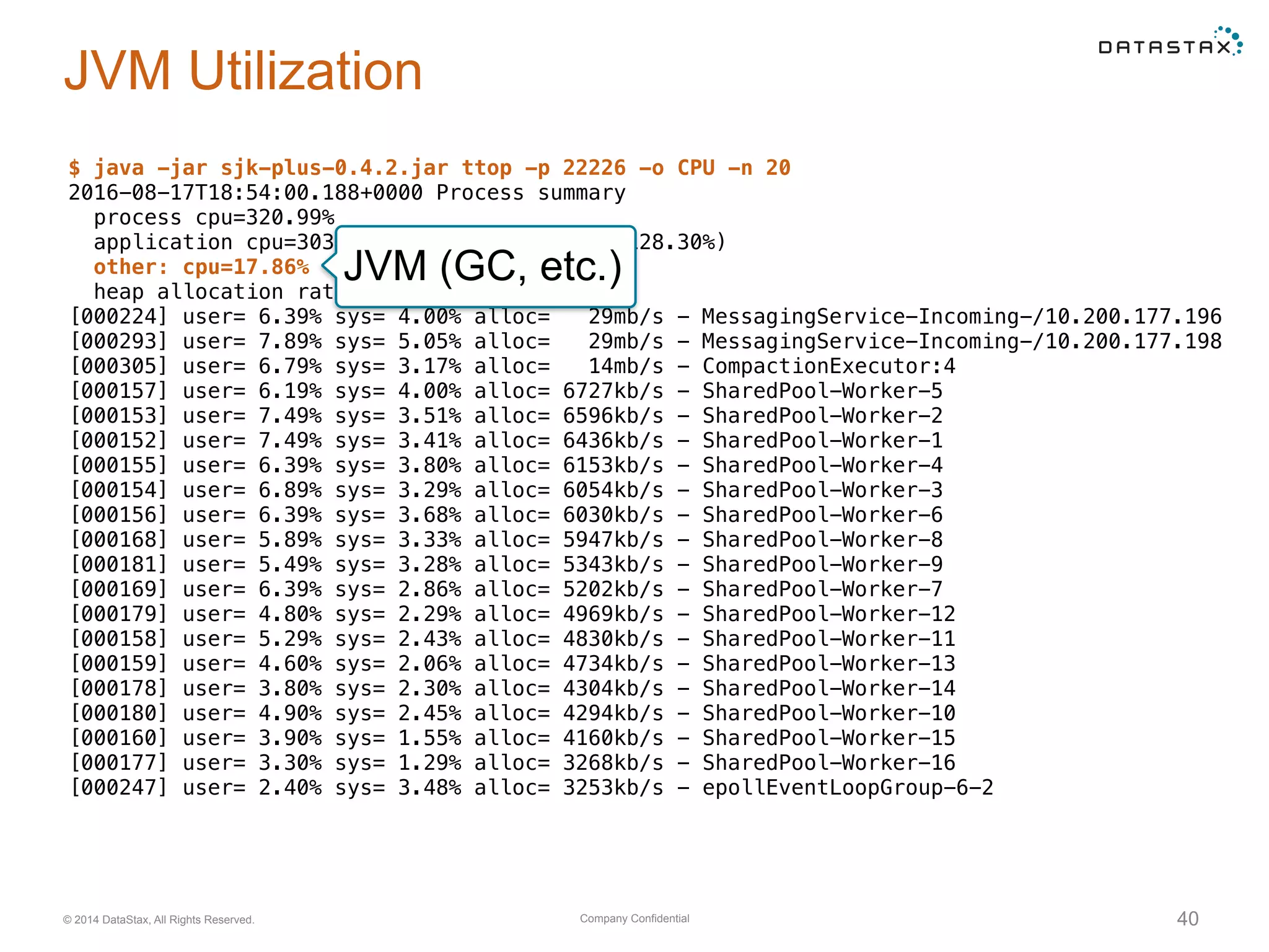Company Confidential© 2014 DataStax, All Rights Reserved. 40
JVM Utilization
$ java -jar sjk-plus-0.4.2.jar ttop -p 22226 -o CPU -n 20
2016-08-17T18:54:00.188+0000 Process summary
process cpu=320.99%
application cpu=303.13% (user=174.83% sys=128.30%)
other: cpu=17.86%
heap allocation rate 218mb/s
[000224] user= 6.39% sys= 4.00% alloc= 29mb/s - MessagingService-Incoming-/10.200.177.196
[000293] user= 7.89% sys= 5.05% alloc= 29mb/s - MessagingService-Incoming-/10.200.177.198
[000305] user= 6.79% sys= 3.17% alloc= 14mb/s - CompactionExecutor:4
[000157] user= 6.19% sys= 4.00% alloc= 6727kb/s - SharedPool-Worker-5
[000153] user= 7.49% sys= 3.51% alloc= 6596kb/s - SharedPool-Worker-2
[000152] user= 7.49% sys= 3.41% alloc= 6436kb/s - SharedPool-Worker-1
[000155] user= 6.39% sys= 3.80% alloc= 6153kb/s - SharedPool-Worker-4
[000154] user= 6.89% sys= 3.29% alloc= 6054kb/s - SharedPool-Worker-3
[000156] user= 6.39% sys= 3.68% alloc= 6030kb/s - SharedPool-Worker-6
[000168] user= 5.89% sys= 3.33% alloc= 5947kb/s - SharedPool-Worker-8
[000181] user= 5.49% sys= 3.28% alloc= 5343kb/s - SharedPool-Worker-9
[000169] user= 6.39% sys= 2.86% alloc= 5202kb/s - SharedPool-Worker-7
[000179] user= 4.80% sys= 2.29% alloc= 4969kb/s - SharedPool-Worker-12
[000158] user= 5.29% sys= 2.43% alloc= 4830kb/s - SharedPool-Worker-11
[000159] user= 4.60% sys= 2.06% alloc= 4734kb/s - SharedPool-Worker-13
[000178] user= 3.80% sys= 2.30% alloc= 4304kb/s - SharedPool-Worker-14
[000180] user= 4.90% sys= 2.45% alloc= 4294kb/s - SharedPool-Worker-10
[000160] user= 3.90% sys= 1.55% alloc= 4160kb/s - SharedPool-Worker-15
[000177] user= 3.30% sys= 1.29% alloc= 3268kb/s - SharedPool-Worker-16
[000247] user= 2.40% sys= 3.48% alloc= 3253kb/s - epollEventLoopGroup-6-2
JVM (GC, etc.)
 