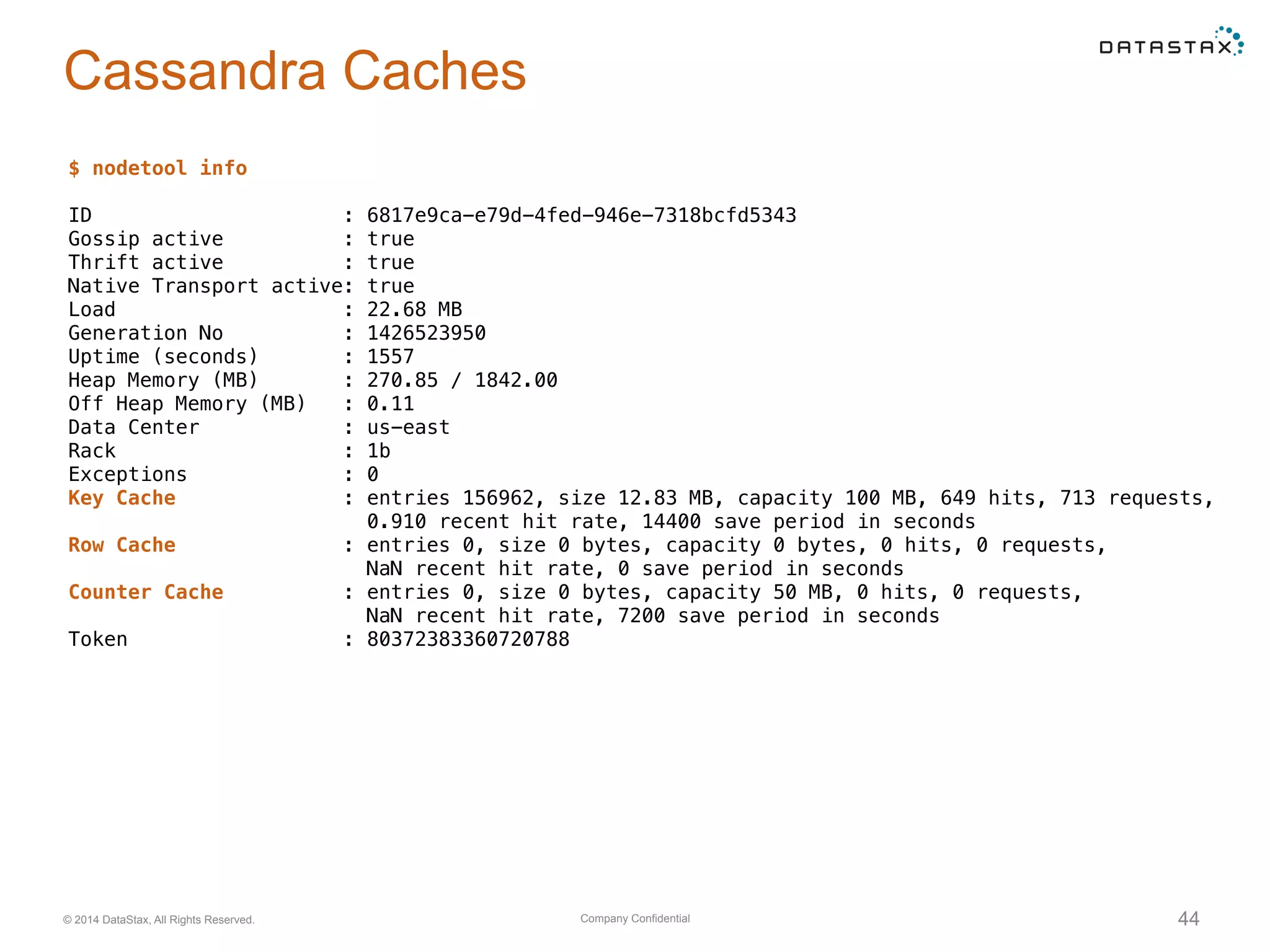 Company Confidential© 2014 DataStax, All Rights Reserved. 44
Cassandra Caches
$ nodetool info
ID : 6817e9ca-e79d-4fed-946e-7318bcfd5343
Gossip active : true
Thrift active : true
Native Transport active: true
Load : 22.68 MB
Generation No : 1426523950
Uptime (seconds) : 1557
Heap Memory (MB) : 270.85 / 1842.00
Off Heap Memory (MB) : 0.11
Data Center : us-east
Rack : 1b
Exceptions : 0
Key Cache : entries 156962, size 12.83 MB, capacity 100 MB, 649 hits, 713 requests,
0.910 recent hit rate, 14400 save period in seconds
Row Cache : entries 0, size 0 bytes, capacity 0 bytes, 0 hits, 0 requests,
NaN recent hit rate, 0 save period in seconds
Counter Cache : entries 0, size 0 bytes, capacity 50 MB, 0 hits, 0 requests,
NaN recent hit rate, 7200 save period in seconds
Token : 80372383360720788
 