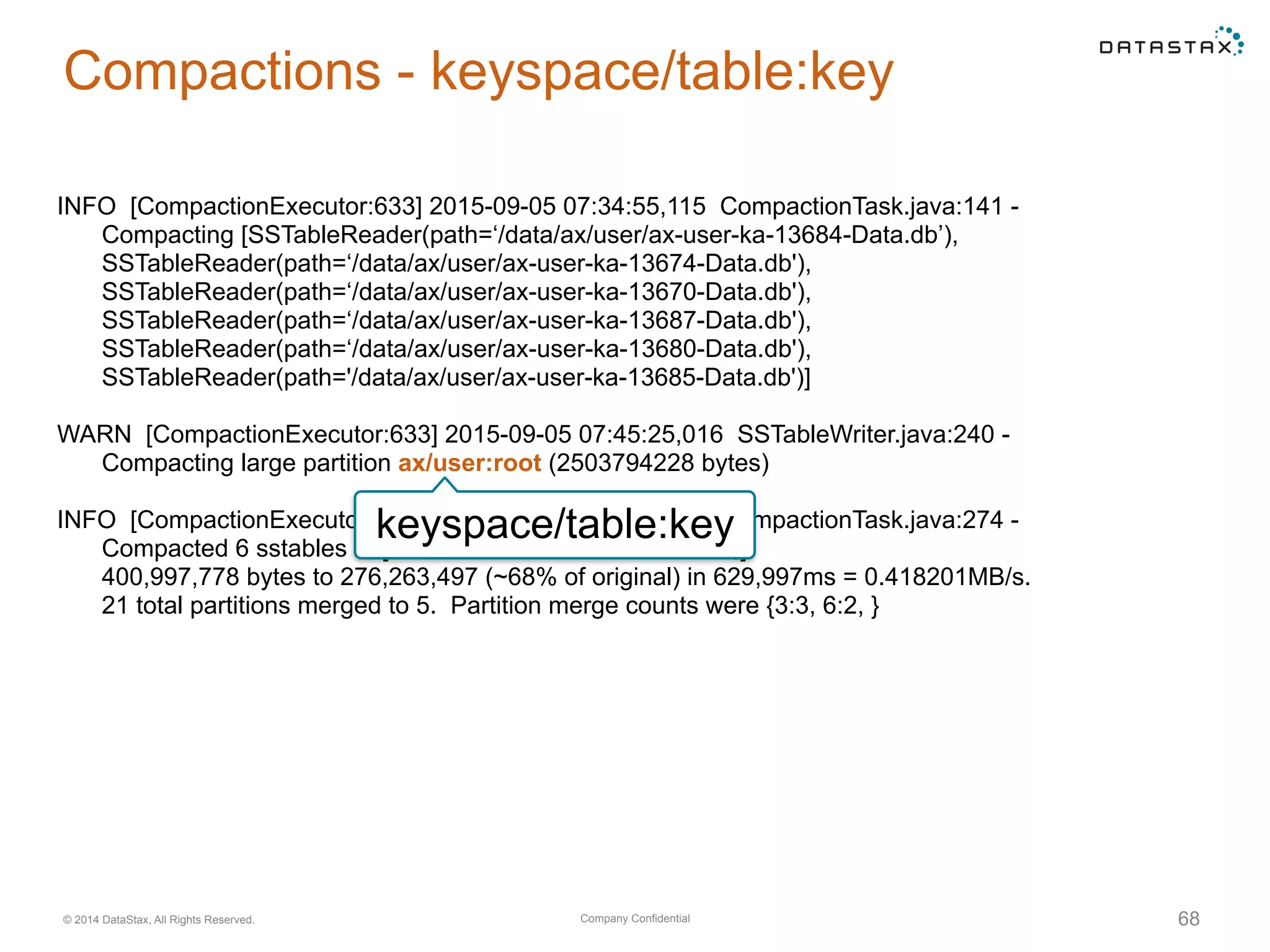 Company Confidential© 2014 DataStax, All Rights Reserved. 68
Compactions - keyspace/table:key
INFO [CompactionExecutor:633] 2015-09-05 07:34:55,115 CompactionTask.java:141 -
Compacting [SSTableReader(path=‘/data/ax/user/ax-user-ka-13684-Data.db’),
SSTableReader(path=‘/data/ax/user/ax-user-ka-13674-Data.db'),
SSTableReader(path=‘/data/ax/user/ax-user-ka-13670-Data.db'),
SSTableReader(path=‘/data/ax/user/ax-user-ka-13687-Data.db'),
SSTableReader(path=‘/data/ax/user/ax-user-ka-13680-Data.db'),
SSTableReader(path='/data/ax/user/ax-user-ka-13685-Data.db')]
WARN [CompactionExecutor:633] 2015-09-05 07:45:25,016 SSTableWriter.java:240 -
Compacting large partition ax/user:root (2503794228 bytes)
INFO [CompactionExecutor:633] 2015-09-05 07:45:25,114 CompactionTask.java:274 -
Compacted 6 sstables to [/data/ax/user/ax-user-ka-13691,].
400,997,778 bytes to 276,263,497 (~68% of original) in 629,997ms = 0.418201MB/s.
21 total partitions merged to 5. Partition merge counts were {3:3, 6:2, }
keyspace/table:key
 