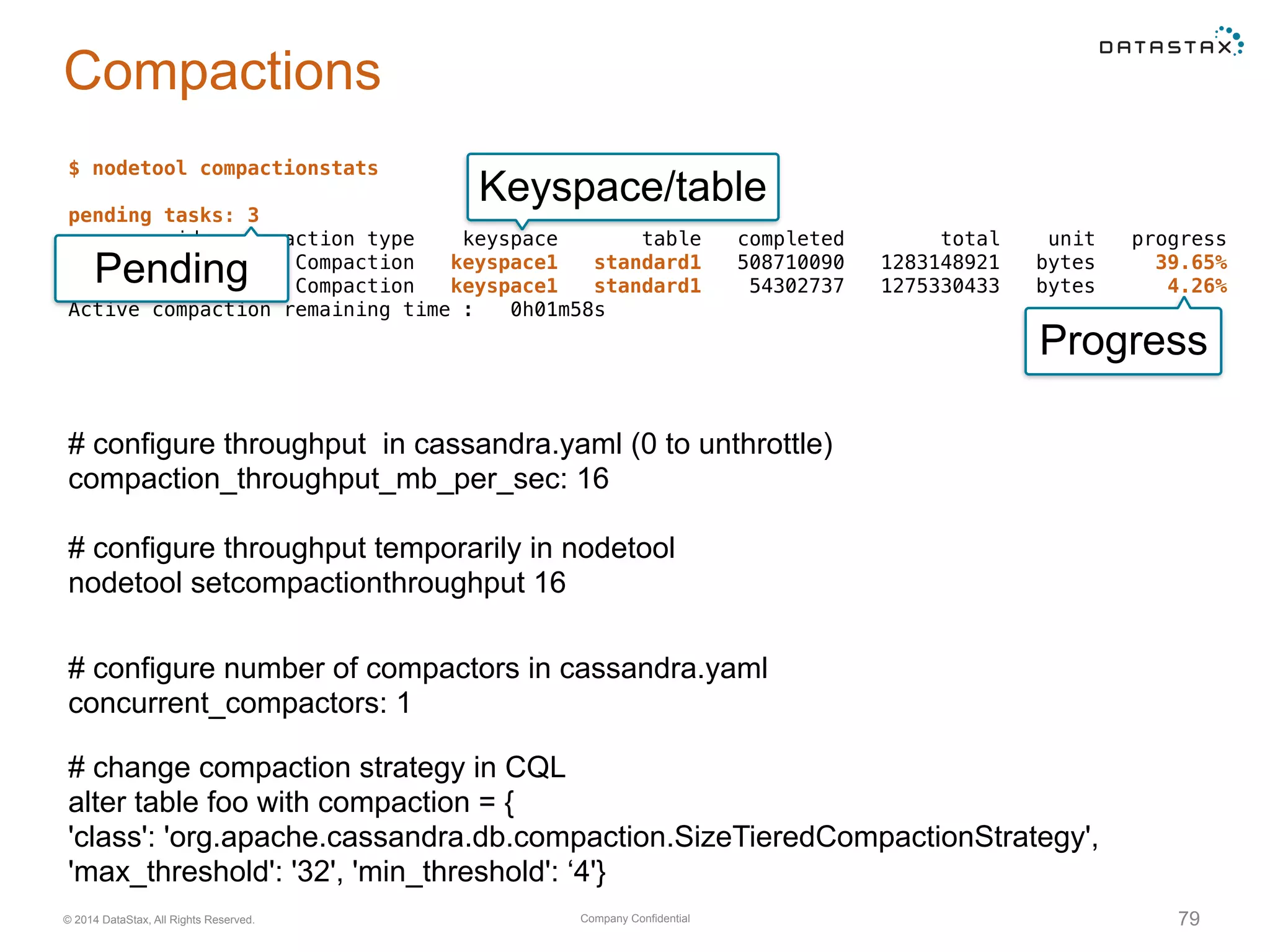 Company Confidential© 2014 DataStax, All Rights Reserved. 79
Compactions
$ nodetool compactionstats
pending tasks: 3
id compaction type keyspace table completed total unit progress
31d86e00 Compaction keyspace1 standard1 508710090 1283148921 bytes 39.65%
423bd570 Compaction keyspace1 standard1 54302737 1275330433 bytes 4.26%
Active compaction remaining time : 0h01m58s
Pending
Keyspace/table
Progress
# configure throughput in cassandra.yaml (0 to unthrottle)
compaction_throughput_mb_per_sec: 16
# configure throughput temporarily in nodetool
nodetool setcompactionthroughput 16
# configure number of compactors in cassandra.yaml
concurrent_compactors: 1
# change compaction strategy in CQL
alter table foo with compaction = {
'class': 'org.apache.cassandra.db.compaction.SizeTieredCompactionStrategy',
'max_threshold': '32', 'min_threshold': ‘4'}
 