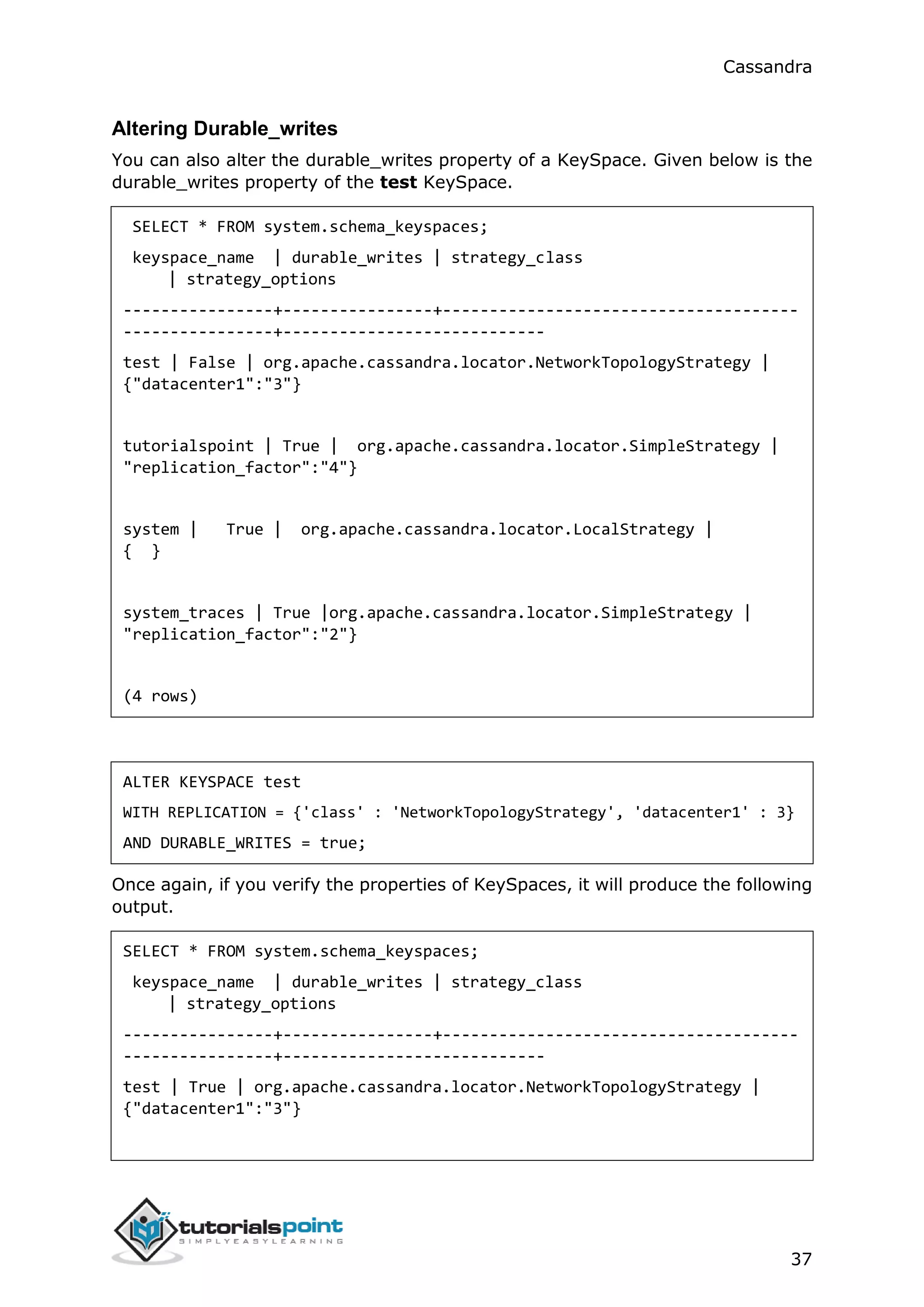 Cassandra
37
Altering Durable_writes
You can also alter the durable_writes property of a KeySpace. Given below is the
durable_writes property of the test KeySpace.
SELECT * FROM system.schema_keyspaces;
keyspace_name | durable_writes | strategy_class
| strategy_options
----------------+----------------+--------------------------------------
----------------+----------------------------
test | False | org.apache.cassandra.locator.NetworkTopologyStrategy |
{"datacenter1":"3"}
tutorialspoint | True | org.apache.cassandra.locator.SimpleStrategy |
"replication_factor":"4"}
system | True | org.apache.cassandra.locator.LocalStrategy |
{ }
system_traces | True |org.apache.cassandra.locator.SimpleStrategy |
"replication_factor":"2"}
(4 rows)
ALTER KEYSPACE test
WITH REPLICATION = {'class' : 'NetworkTopologyStrategy', 'datacenter1' : 3}
AND DURABLE_WRITES = true;
Once again, if you verify the properties of KeySpaces, it will produce the following
output.
SELECT * FROM system.schema_keyspaces;
keyspace_name | durable_writes | strategy_class
| strategy_options
----------------+----------------+--------------------------------------
----------------+----------------------------
test | True | org.apache.cassandra.locator.NetworkTopologyStrategy |
{"datacenter1":"3"}
 