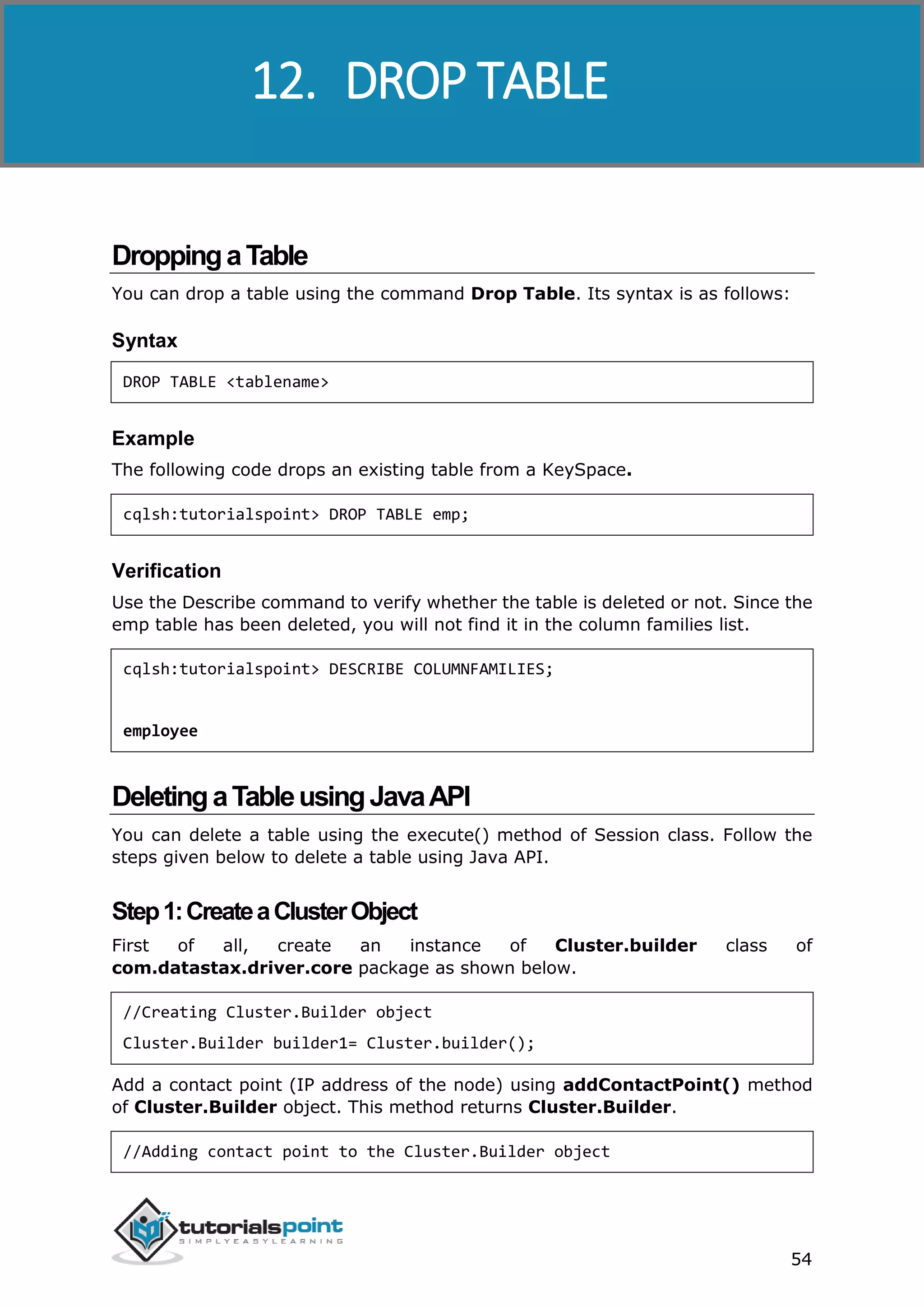 Cassandra
54
DroppingaTable
You can drop a table using the command Drop Table. Its syntax is as follows:
Syntax
DROP TABLE <tablename>
Example
The following code drops an existing table from a KeySpace.
cqlsh:tutorialspoint> DROP TABLE emp;
Verification
Use the Describe command to verify whether the table is deleted or not. Since the
emp table has been deleted, you will not find it in the column families list.
cqlsh:tutorialspoint> DESCRIBE COLUMNFAMILIES;
employee
DeletingaTableusingJavaAPI
You can delete a table using the execute() method of Session class. Follow the
steps given below to delete a table using Java API.
Step1:CreateaClusterObject
First of all, create an instance of Cluster.builder class of
com.datastax.driver.core package as shown below.
//Creating Cluster.Builder object
Cluster.Builder builder1= Cluster.builder();
Add a contact point (IP address of the node) using addContactPoint() method
of Cluster.Builder object. This method returns Cluster.Builder.
//Adding contact point to the Cluster.Builder object
12. DROP TABLE
 