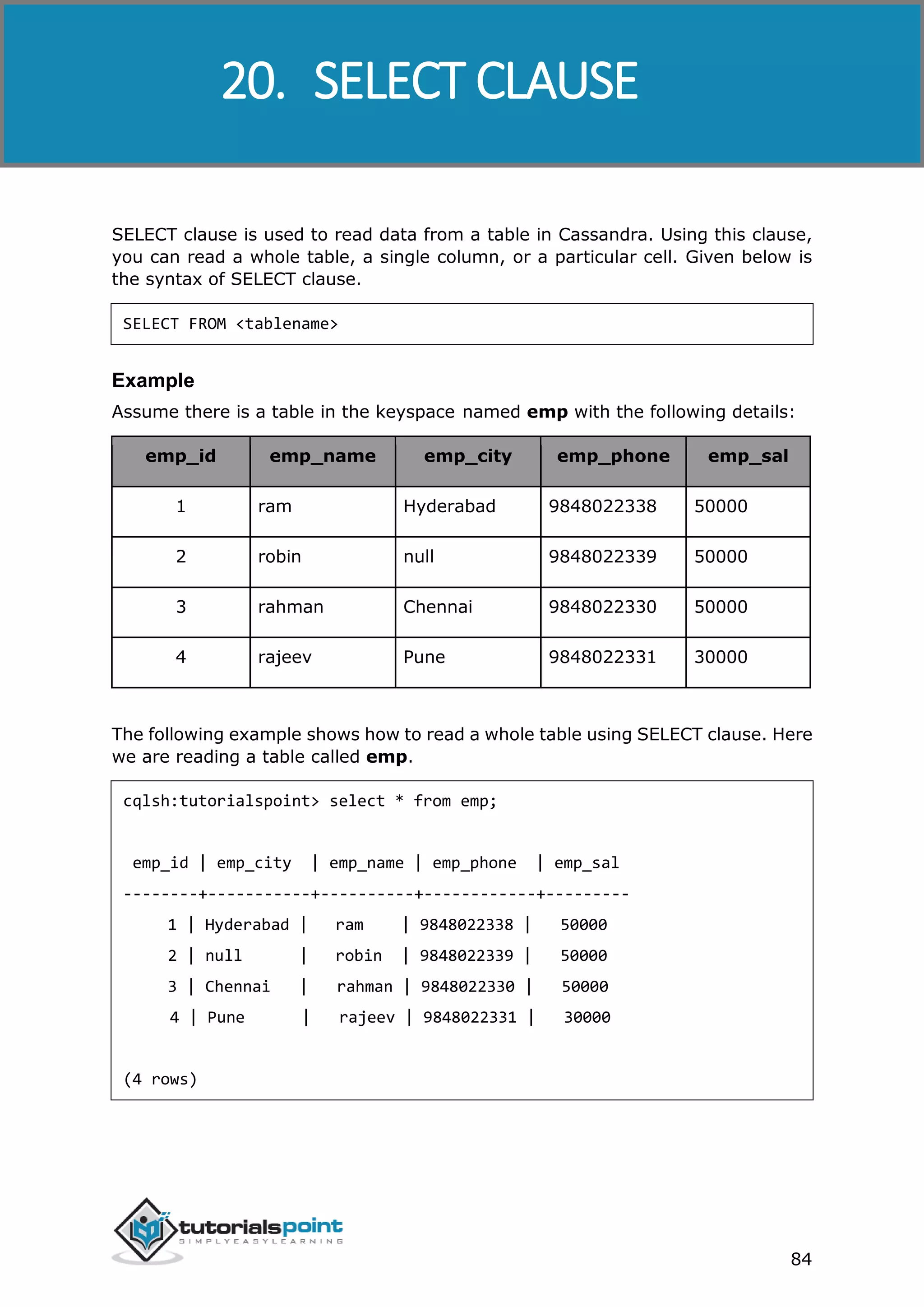 Cassandra
84
SELECT clause is used to read data from a table in Cassandra. Using this clause,
you can read a whole table, a single column, or a particular cell. Given below is
the syntax of SELECT clause.
SELECT FROM <tablename>
Example
Assume there is a table in the keyspace named emp with the following details:
emp_id emp_name emp_city emp_phone emp_sal
1 ram Hyderabad 9848022338 50000
2 robin null 9848022339 50000
3 rahman Chennai 9848022330 50000
4 rajeev Pune 9848022331 30000
The following example shows how to read a whole table using SELECT clause. Here
we are reading a table called emp.
cqlsh:tutorialspoint> select * from emp;
emp_id | emp_city | emp_name | emp_phone | emp_sal
--------+-----------+----------+------------+---------
1 | Hyderabad | ram | 9848022338 | 50000
2 | null | robin | 9848022339 | 50000
3 | Chennai | rahman | 9848022330 | 50000
4 | Pune | rajeev | 9848022331 | 30000
(4 rows)
20. SELECT CLAUSE
 