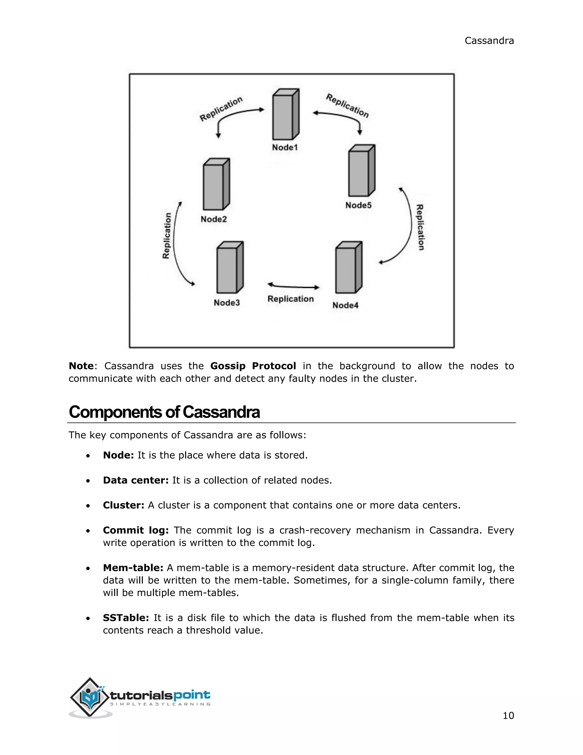 Cassandra
10
Note: Cassandra uses the Gossip Protocol in the background to allow the nodes to
communicate with each other and detect any faulty nodes in the cluster.
ComponentsofCassandra
The key components of Cassandra are as follows:
 Node: It is the place where data is stored.
 Data center: It is a collection of related nodes.
 Cluster: A cluster is a component that contains one or more data centers.
 Commit log: The commit log is a crash-recovery mechanism in Cassandra. Every
write operation is written to the commit log.
 Mem-table: A mem-table is a memory-resident data structure. After commit log, the
data will be written to the mem-table. Sometimes, for a single-column family, there
will be multiple mem-tables.
 SSTable: It is a disk file to which the data is flushed from the mem-table when its
contents reach a threshold value.
 