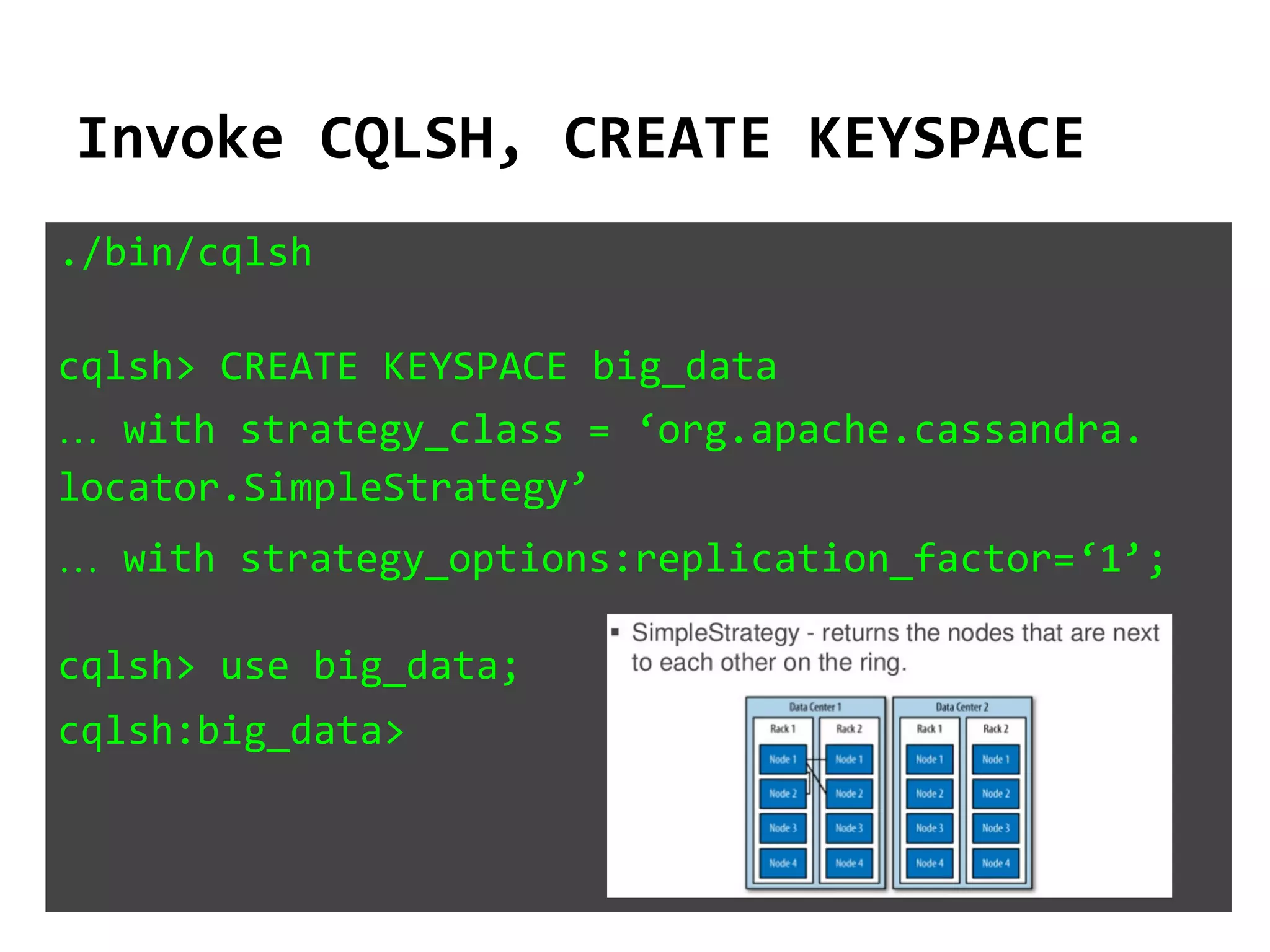 Invoke CQLSH, CREATE KEYSPACE
./bin/cqlsh
cqlsh> CREATE KEYSPACE big_data
… with strategy_class = ‘org.apache.cassandra.
locator.SimpleStrategy’
… with strategy_options:replication_factor=‘1’;
cqlsh> use big_data;
cqlsh:big_data>
 