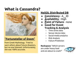 What is Cassandra?
“Fortuneteller of Doom”
from Greek Mythology. Tried to
warn others about future disasters,
but no one listened. Unfortunately,
she was 100% accurate.
NoSQL Distributed DB
● Consistency - A__ID
● Availability - High
● Point of Failure - none
● Good for Event
Tracking & Analysis
○ Time series data
○ Sensor device data
○ Social media analytics
○ Risk Analysis
○ Failure Prediction
Rackspace: “Which servers
are under heavy load
and are about to crash?”
 