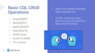 21
Basic CQL CRUD
Operations
+ Create [INSERT]
+ Read [SELECT]
+ Update [UPDATE]
+ Delete [DELETE]
+ WHERE clause
+ ALLOW FILTERING
+ TTL functions
ᐩ Pretty much standard Cassandra
Query Language (CQL)
ᐩ Like SQL, at least at cursory
glance, but do not be lulled into a
false sense of familiarity
 
