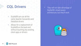 22
CQL Drivers
+ ScyllaDB can use all the
same Apache Cassandra and
DataStax drivers
+ Allows for a replacement of
ScyllaDB on the back end
without touching any existing
client apps or drivers
ᐩ They will not take advantage of
ScyllaDB’s shard-aware
architecture, but they’ll work
 