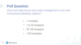 23
+ <1 terabyte
+ 1 to 50 terabytes
+ 50-100 terabytes
+ >100 terabytes
How much data do you have under management in your own
transactional database systems?
Poll Question
 