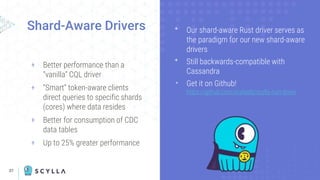 37
Shard-Aware Drivers ᐩ Our shard-aware Rust driver serves as
the paradigm for our new shard-aware
drivers
ᐩ Still backwards-compatible with
Cassandra
ᐩ Get it on Github!
https://github.com/scylladb/scylla-rust-driver
+ Better performance than a
“vanilla” CQL driver
+ “Smart” token-aware clients
direct queries to specific shards
(cores) where data resides
+ Better for consumption of CDC
data tables
+ Up to 25% greater performance
 
