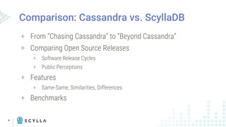4
+ From “Chasing Cassandra” to “Beyond Cassandra”
+ Comparing Open Source Releases
+ Software Release Cycles
+ Public Perceptions
+ Features
+ Same-Same, Similarities, Differences
+ Benchmarks
Comparison: Cassandra vs. ScyllaDB
 