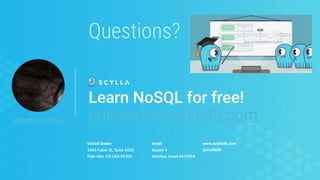 United States
2445 Faber St, Suite #200
Palo Alto, CA USA 94303
Israel
Maskit 4
Herzliya, Israel 4673304
www.scylladb.com
@scylladb
Learn NoSQL for free!
university.scylladb.com
@petercorless
Questions?
 