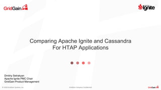 © 2018 GridGain Systems, Inc. GridGain Company Confidential
Comparing Apache Ignite and Cassandra
For HTAP Applications
Dmitriy Setrakyan
Apache Ignite PMC Chair
GridGain Product Management
 