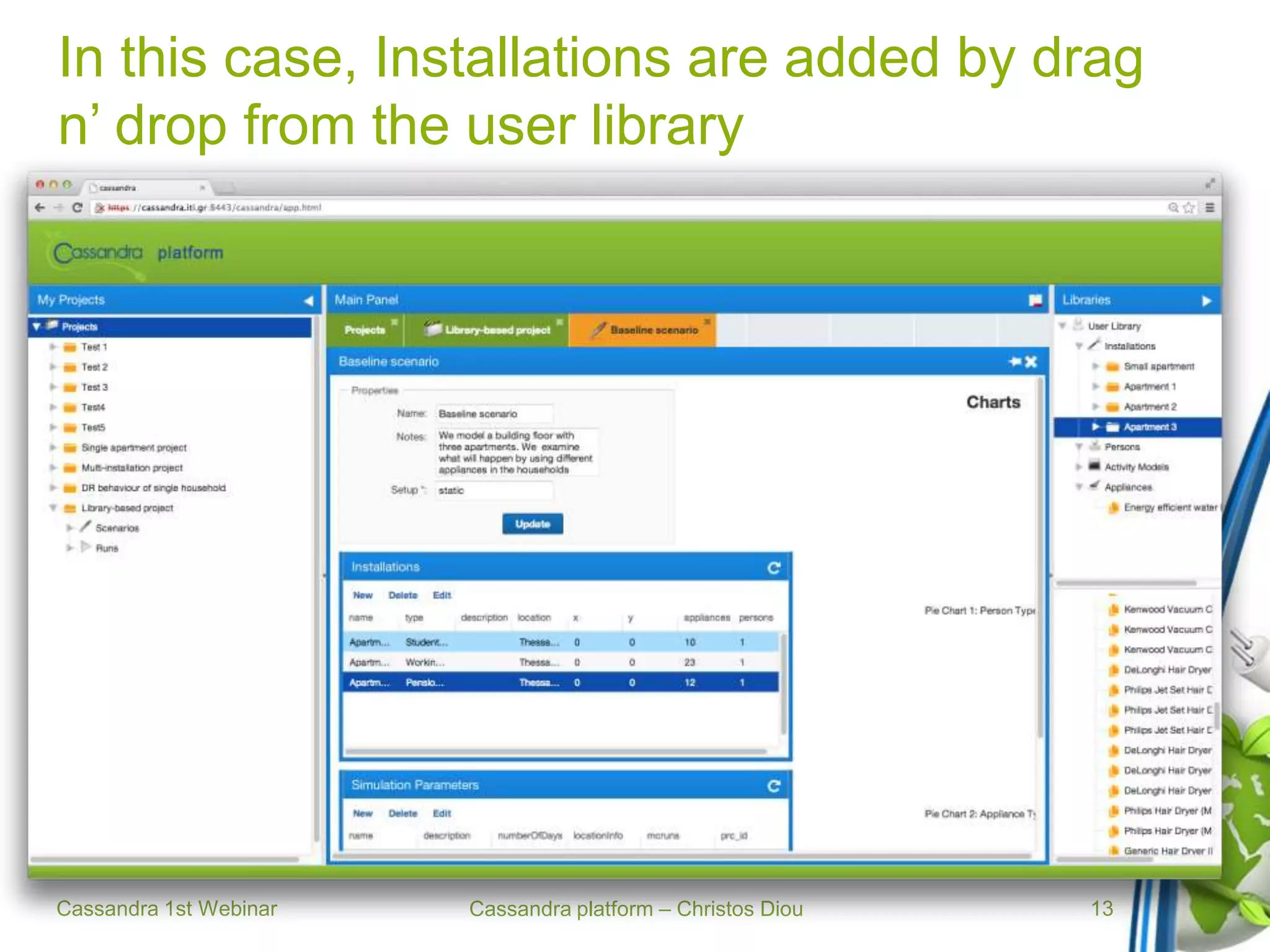 Cassandra platform – Christos Diou
In this case, Installations are added by drag
n’ drop from the user library
Cassandra 1st Webinar 13
 
