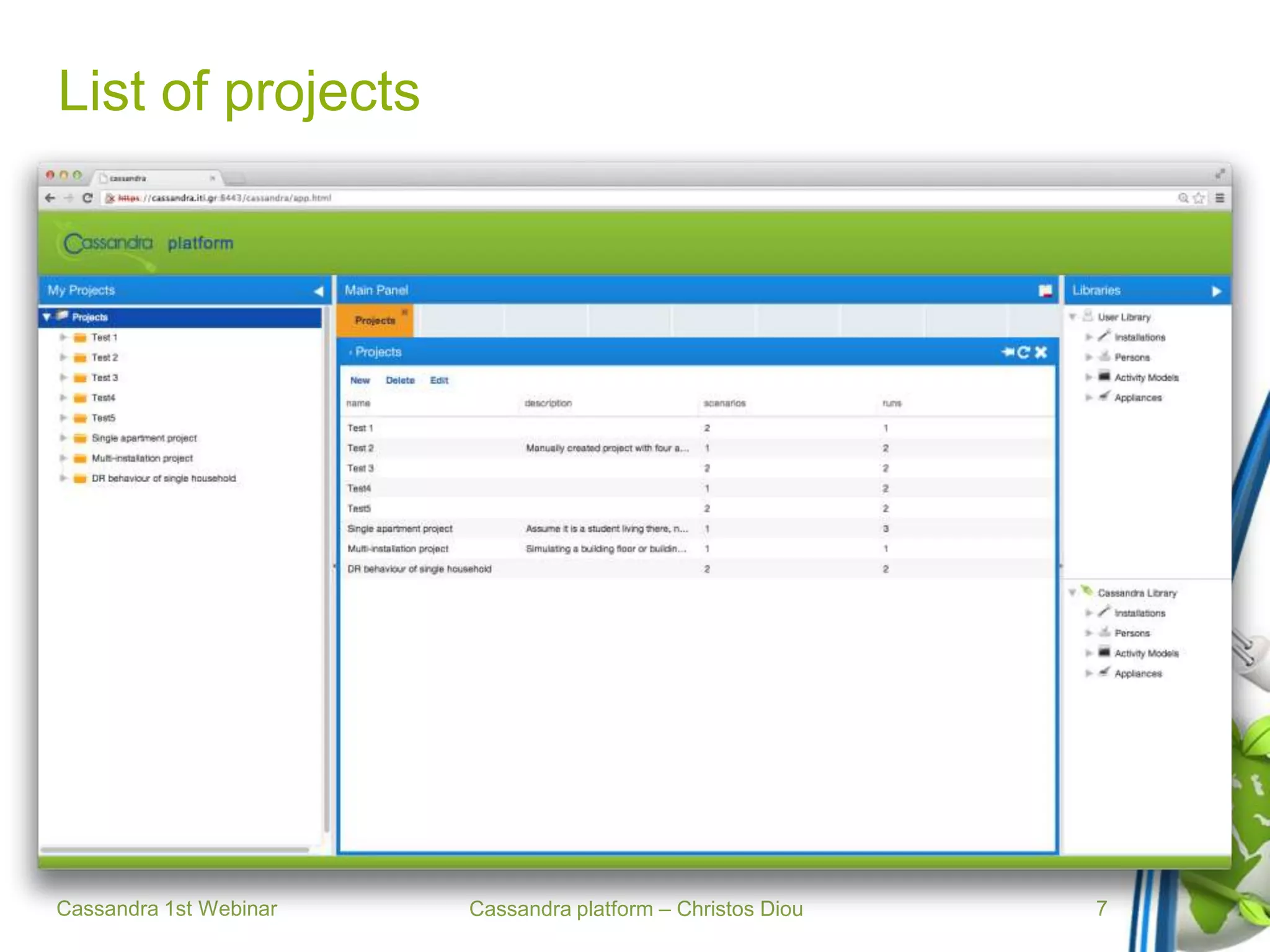 Cassandra platform – Christos Diou
List of projects
Cassandra 1st Webinar 7
 