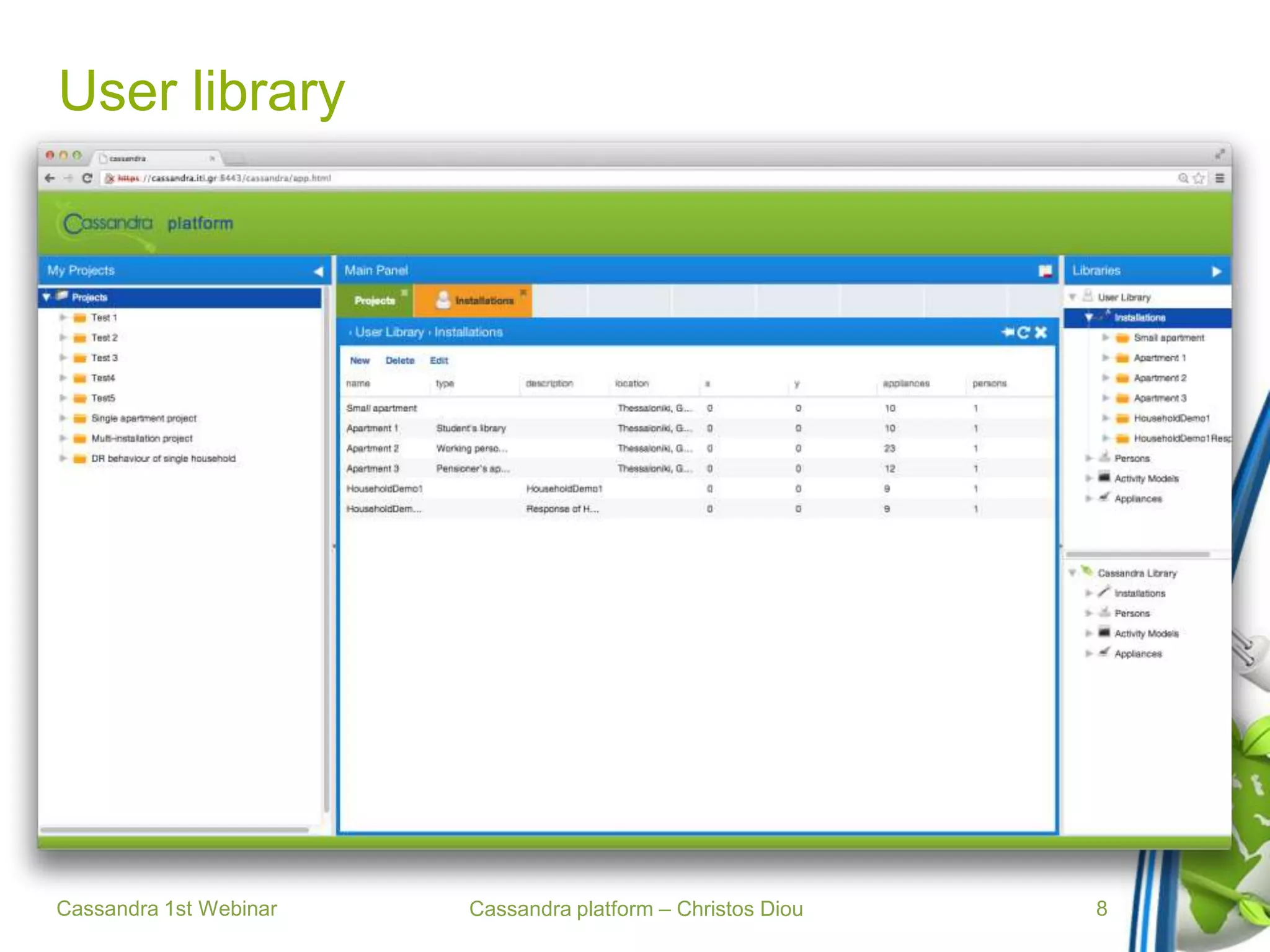 Cassandra platform – Christos Diou
User library
Cassandra 1st Webinar 8
 