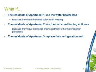 Cassandra platform – Christos Diou
What if…
• The residents of Apartment 1 use the water heater less
– Because they have installed solar water heating
• The residents of Apartment 2 use their air conditioning unit less
– Because they have upgraded their apartment’s thermal insulation
properties
• The residents of Apartment 3 replace their refrigeration unit
Cassandra 1st Webinar 20
 