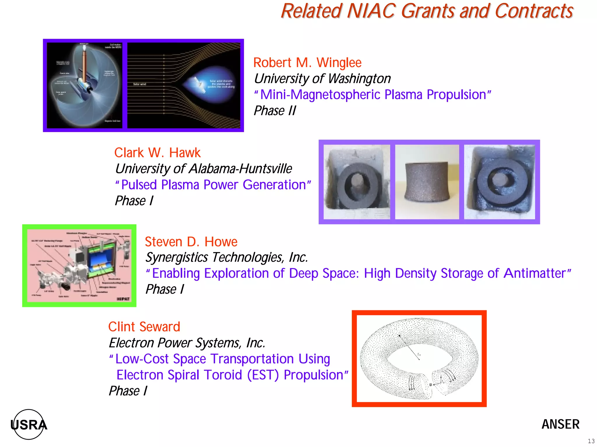 Related NIAC Grants and Contracts 
Robert M. Winglee 
University of Washington 
““““Mini-Magnetospheric Plasma Propulsion”””” 
Phase II 
13 
Clark W. Hawk 
University of Alabama-Huntsville 
““““Pulsed Plasma Power Generation”””” 
Phase I 
Steven D. Howe 
Synergistics Technologies, Inc. 
““““Enabling Exploration of Deep Space: High Density Storage of Antimatter”””” 
Phase I 
Clint Seward 
Electron Power Systems, Inc. 
““““Low-Cost Space Transportation Using 
Electron Spiral Toroid (EST) Propulsion”””” 
Phase I 
USRA ANSER 
 
