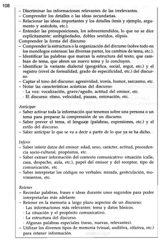 - Discriminar las informaciones relevantesde las irrelevantes.
- Comprender los detalles o las ideas secundarias.
- Relacionarlas ideas importantes y los detalles (tesisy ejemplo, argu-
mento y anécdota,etc.).
- Entender las presuposiciones, los sobreentendidos, lo que no se dice
explícitamente: ambigüedades,dobles sentidos, elipsis.
Comprender la forma del discurso
- Comprender la estructura o la organización del dircurso (sobretodo en
los monólogosextensos:las diversaspartes,los cambiosde tema,etc.).
- Identificar las palabras que marcan la estructura del texto, que cam-
bian de tema, que abren un nuevo tema y lo concluyen.
- Identificar la variante dialectal (geográfica, social, argot, etc.) y el
registro (nivel de formalidad, grado de especificidad,etc.)del discur-
so.
- Captar el tono del discurso:agresividad,ironía, humor, sarcasmo,etc.
- Notar las caracterlsticasacústicasdel discurso:
. La voz: vocalización, grave/agudo, actitud del emisor, etc.
. El discurso: ritmo, velocidad, pausas,entonación,etc.
Anticipar
- Saberactivar toda la información que tenemossobreuna personao un
tema para preparar la comprensión de un discurso.
- Saber prever el tema, el lenguaje (palabras, expresiones, etc.) y el
estilo del discurso.
- Saberanticipar lo que se va a decir a partir de lo que ya seha dicho.
Inferir
- Saberinferir datos del emisor:edad, sexo,carácter,actitud, proceden-
cia socio-cultural, propósitos, etc.
- Saberextraer información del contextocomunicativo: situación (calle,
casa,despacho,aula, etc.), papel del emisor y del receptor, tipo de
comunicación, etc.
- Saberinterpretar los códigos no verbales:mirada, gesticulación,mo-
ümientos, etc.
Retener
- Recordar palabras,frasese ideas durante unos segundospara poder
interpretarlas más adelante.
- Reteneren la memoria a largo plazo aspectosde un discurso:
. Las informaciones más relevantes:tema y datos básicos.
. La situación y el propósito comunicativo.
. La estructura del discurso.
. Algunas palabras especiales (raras, nuevas, relevantes).
- Utilizar los diversos tipos de memoria (visual, auditiva, olfativa, etc.)
para retener información.
 
