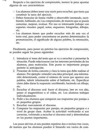 Respectoa los ejerciciosde comprensión,merecela pena apuntar
algunas de sus características:
- Los alumnos debentener una razúnparaescuchar, que tiene que
constituir la tarea del ejercicio.
- Deben formular de forma visible y observable (anotando, escri-
biendo,hablando,etc.)sucomprensión,de maneraquesepueda
comentar,mejorar, evaluar. Por eso es interesantetrabajar con
soportes visuales: papel, notas, esquemas,fotografías, dibujos,
etc.
- Los alumnos tienen que poder escuchar más de una vez el
texto oral, para poder concentrarseen puntos determinados:la
pronunciaciór¡ el significado de alguna palabra, la entonación,
etc.
Finalmente, para poner en práctica los ejercicios de comprensión,
se pueden seguir los pasossiguientes:
1. Introducir el tema del texto que seva a escuchary presentar la
situación. Puederelacionarsecon los interesespersonalesde los
alumnos, para motivarlos. Este punto es importante porque
permite la anticipación.
2. Presentarde forma.concretay clarala tareaque deberealizar el
alumno. Por ejemplo: entender una idea principal, una informa-
ción determinada, contar el número de vecesque apareceuna
palabra, inferir información sobre el hablante, etc. Especificar
cómo debedarsela respuesta:escribiendo,haciendoun dibujo,
etc.
3. Escuchar el discurso oral hacer el discurso, leer en voz alta,
poner el magnetófono o el vídeo, etc. Los alumnos trabajan
individualmente.
4. Pedir a los alumnos que comparensusrespuestaspor parejaso
en pequeños grupos.
5. Escuchar nuevamente el discurso.
6. Comparar las respuestaspor parejas,en pequeñosgrupos o a
nivel de grupo clase.Acabar la actividad verificando si son
correctas,volviendo a escucharel discursooral y deteniéndose
en los puntos importantes.
Los pasosdel tres al seispueden repetirsedos o incluso tres veces,
de manera que los alumnos puedan ir llenando sus vacíosde com-
 