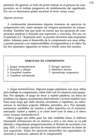 113
prensión. En general,setrata de poner énfasisen el procesode com-
prensión, en el trabajo progresivo de reelaboración del significado.
Por eso es interesantepoder escucharel texto varias veces.
Algunoseiercicios
A continuación presentamos algunas muestras de ejercicios de
comprensión oraf como siempre sin ninguna pretensión de exhaus-
tividad. También hay que tener en cuenta que los ejercicios de com-
prensión implican a menudo una expresióry y viceversa. Por eso,en
el apartado6.3."Expresiónoral" sepueden encontrarmás respuestas
útiles. Además, para el desarrollo de la comprensión son muy útiles,
y pronto pasarána serimprescindibles,el magnetófonoy el vídeo. En
los dos apartadossiguientesse tratan a fondo estosdos medios.
EIERCICTOS DE COMPRENSTóN
1. fuegos mnemotécnicos 5. Escogeropciones
2. Escuchary dibujar 6. Idenüficar errores
3. Completar cuadros 7. Aprendizaje cooperativo
4. Transferir información
1,.luegosmnanotécnicos.Algunos iuegospopulares son muy útiles
para trabajar la comprensión, sobre todo con los alumnos más peque-
ños. Por ejemplo, el juego de decir y repetir palabras,las listas de
palabras con alguna característicadeterminada o la frase maldita (una
frase muy larga que debe decirse,recordarsey repetirse),las adivi-
nanzas, la literatura popular (fábulas, pareados, etc.). Por ejemplo,
memorizar estribillos de cuentos y saber repetirlos en el momento
adecuado:Soplaréy soplaré,y tu casitatiraré (con la rima y el ritmo
como recurso mnemotécnico).
Otros juegos son útiles para los más mayores/ como el teléfono
(transmitir información de un alumno a otro y ver cómo se va pof
li$iendo o degradandoprogresivamente),el dictado de secretario(ver
pá9. 425),o el simple ejerciciode retención del máximo de datos de
una exposición. Todos los ejercicios desarrollan las capacidades de
atención y retención,ademásde la comprensión.
 