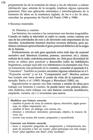 170
propiamente las de la tormenta de ideas)y las de'relacionaru ordenar
información(que, ademásde la recogida, implican alguna operación
posterior). Para una aplicación sistemáticae interdisciplinaria de la
tormenta de ideas en la enseñanzareglada, de los 6 a los 16 años,
consultar las propuestasde David del Prado (1986y 1988).
o Recursosmateriales
14.Historias y cuentos
Lashistorias,los cuentosy lasnarracionessonfuentesinagotables.
Cuando no había ni teleüsión ni radio ni casete,contar cuentos era
una de las actividadesde ocio y de diversión más importantes de los
chavales.Actualmente tenemosmuchos recursosdistintos, pero po-
demoscontinuar aprovechando el gran potencial didáctico de la magia
de la historia.
Evidentemente,en estegran apartado entra todo tipo de material
narrativo oral: literatura (cuentos,poemas, canciones,etc.), chistes,
noticiasde la radio, anécdotaspersonales,etc.Estagran diversidad de
textos se utiliza para practicar y desarrollar todas las habilidades
lingüísticas,aunqueaquí sólonosreferiremosa la expresiónoral. Para
un tratamiento másprofundo de la cuestión,consultarel apartado8.4.
"Literatura". Tambiénsepuedenencontraralgunasreferenciasen 6.5.
"Expresión escrita" y en 6.4. "Comprensión oral". Muchos autores
han tratado estetema desde el punto de vista de la expresiórypor
ejemplo: Badia et al. (1985);Morgan y Rinvolucri (1983),etc.
Seguidamenteseapunta una lista variada y amplia de ideaspara
trabajar con historias y cuentos.Sepuede hacer una primera distin-
ción didáctica entre trabajar con una historia conocida (modificarla,
ampliarla, variarla, etc.)o inventarse una nueva:
Modificar una historia conocida
- cambiar el punto de vista, el contexto (época,situación),algún perso-
naje, un objeto importante, etc.;
- cambiar el final, un diálogo, una escena,etc.;
- eliminar o introducir elementos: personajes, objetos, la manera de
vivir, etc;
- recrear una escenadel cuento, prepararla y escenificarla.
Comentar una historia conocida
- hacer y responder preguntas de comprensión y interpretación des-
pués de escucharo leer un cuento: ¿Quépersonajesson más simpá-
ticos?.¿Quésignifica este final? ¿Hay moraleja?;
 