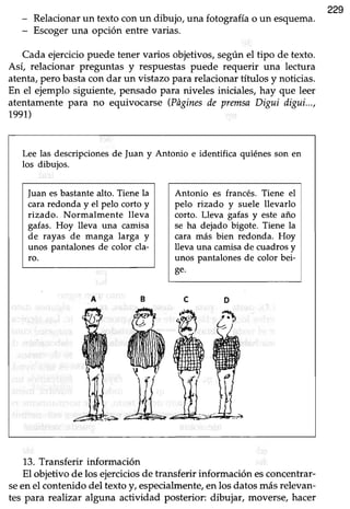 229
- Relacionarun texto conun dibujo, una fotografíao un esquema.
- Escogeruna opción entre varias.
Cada ejerciciopuede tener varios objetivos,segúnel tipo de texto.
Así, relacionar preguntas y respuestaspuede requerir una lectura
atenta,pero bastacon dar un vistazo para relacionar ltulos y noticias.
En el ejemplo siguiente,pensadopara niveles iniciales,hay que leer
atentamente para no equivocarse (Pñginesde premsaDigui digui...,
1991)
13. Transferir información
El objetivo de los ejerciciosde transferir información esconqentrar-
seen el contenido del texto y, especialmente,en los datos más relevan-
tes para realtzar alguna actividad posterior: dibujar, moverse, hacer
Lee las descripcionesde ]uan y Antonio e identifica quiénes son en
los dibujos.
Juan esbastantealto. Tiene la
cararedonda y el pelo corto y
rizado. Normalmente lleva
gafas. Hoy lleva una camisa
de rayas de manga larga y
unos pantalones de color cla-
ro.
Antonio es francés. Tiene el
pelo rizado y suele llevarlo
corto. Lleva gafas y este año
se ha dejado bigote. Tiene la
cara más bien redonda. Hoy
lleva una camisade cuadrosy
unos pantalonesde color bei-
ge.
 