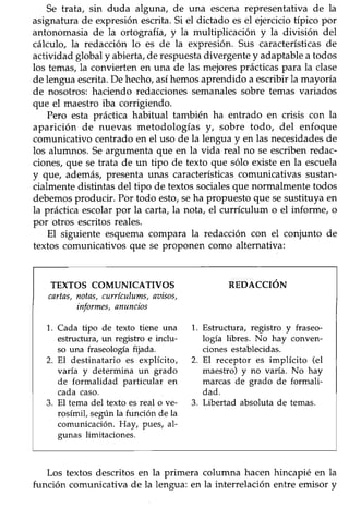 Se trata, sin duda alguna, de una escenarepresentativa de la
asignaturade expresiónescrita.Si el dictado esel ejerciciotípico por
antonomasia de la ortografía, y la multiplicación y la división del
cálculo, la redacción lo es de Ia expresión. Sus característicasde
actividad global y abierta, de respuestadivergente y adaptable a todos
los temas, la convierten en una de las mejores prácticas para la clase
de lengua escrita.De hecho,asíhemos aprendido a escribir la mayoría
de nosotros: haciendo redaccionessemanalessobre temas variados
que el maestro iba corrigiendo.
Pero esta práctica habitual también ha entrado en crisis con la
aparición de nuevas metodologías y, sobre todo, del enfoque
comunicativo centradoen el uso de la lengua y en las necesidadesde
los alumnos. Seargumenta que en la vida real no se escribenredac-
ciones, que se trata de un tipo de texto que sólo existe en la escuela
y gue, además, presenta unas características comunicativas sustan-
cialmente distintas del tipo de.textos socialesque normalmente todos
debemosproducir. Por todo esto,seha propuesto que sesustituya en
la prácticaescolarpor la carta,la nota, el currículum o el informe, o
por'otros escritosreales.
El siguiente esquemacompara la redacción con el conjunto de
textos comunicativos que se proponen como alternativa:
TEXTOS COMUNICATIVOS
cartas,notas,cunfculums,aaisos,
informes,anuncios
1. Cada tipo de texto tiene una
eskuctura, un registro e indu-
so una fraseologla fijada.
2. El destinatario es explícito,
varia y determina un grado
de formalidad particular en
cada caso.
3. El tema del texto esreal o ve-
rosímil, según la ftinción de la
comunicación. Hay, pues, al-
gunas limitaciones.
REDACCIÓN
1. Estructura, registro y fraseo-
logía libres. No hay conven-
ciones establecidas.
2. El receptor es implícito (el
maestro) y no varía. No hay
marcas de grado de formali-
dad.
3. Libertad absoluta de temas.
Los textos descritos en la primera columna hacen hincapié en la
función comunicativa de la lengua: en la interrelación entre emisor y
 