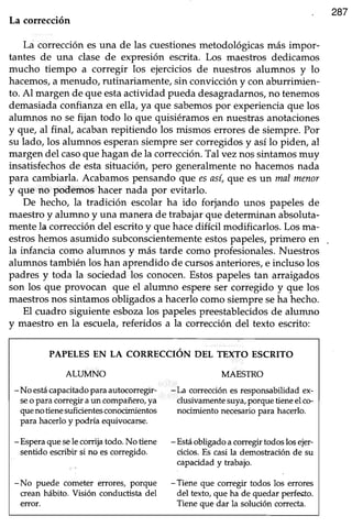 287
La conección
La correcciónesuna de las cuestionesmetodológicasmás impor-
tantes de una clase de expresión escrita. Los maestros dedicamos
mucho tiempo a corregir los ejercicios de nuestros alumnos y lo
hacemos,a menudo, rutinariamente,sin conviccióny con aburrimien-
to. Al margen de que estaactividad pueda desagradarnos,no tenemos
demasiadaconfianzaen ella, ya que sabemospor experienciaque los
alumnos no sefijan todo lo que quisiéramos en nuestras anotaciones
y que, al final, acabanrepitiendo los mismos erroresde siempre.Por
su lado, los alumnos esperansiempresercorregidosy asílo piden, al
margendel casoquehagande la corrección.Tal vez nossintamosmuy
insatisfechosde estasituación, pero generalmenteno hacemosnada
para cambiarla.Acabamospensandoque esasí,qu.eestn mal menor
y que no podemos hacer nada por evitarlo.
De hecho, la tradición escolar ha ido forjando unos papeles de
maestroy alumno y una manerade trabajarque determinanabsoluta-
mentela correccióndel escritoy que hacedifícil modificarlos.Los ma-
estros hemos asumido subconscientementeestospapeles,primero en
la infancia como alumnos y más tarde como profesionales.Nuestros
alumnos también los han aprendido de cursosanteriores, e incluso los
padres y toda la sociedadlos conocen.Estospapelestan arraigados
son los que provocan que el alumno espere ser corregido y que los
maestrosnos sintamosobügadosa hacerlocomosiempreseha hecho.
El cuadro siguiente esbozalos papeles preestablecidosde alumno
y maestro en la escuela,referidos a la corrección del texto escrito:
PAPELESEN LA CORRECCION DEL TEXTO ESCRITO
ALTIMNO
-No esüícapacitadoparaautocorregir-
seoparacorregiraun compañero,ya
quenotienesuficientesconocimientos
parahacerloy podríaequivocarse.
- Esperaqueselecorrijatodo.No tiene
sentidoescribfusi no escorregido.
-No puede cometererrores,porque
creanluíbito. Visión conductistadel
etTor.
MAESTRO
-[a corrección es responsabiüdad ex-
dusivamente suya, porque tiene el co-
nocimiento necesario para hacerlo.
-Está obligado a corregir todos los ejer-
cicios. Es casi la demostración de su
capacidad y habajo.
-Tiene que corregir todos los errores
del texto, que ha de quedar perfecto.
Tiene que dar la solución correcta.
 