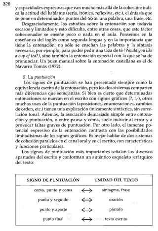 326
y capacidadesexpresivasquevan mucho másalláde la cohesión:indi-
cala actitud del hablante(seria,irónica, reflexiva, etc.),el énfasisque
sepone en determinadospuntos del texto:una palabra,una frase,etc.
Desgraciadamente,los estudios sobre la entonación son todavía
escasosy limitados y estodificulta, entre otras cosas,que estefactor
cohesionador se enseñe poco o nada en el aula. Pensemosen la
enseñanzadel inglés como segunda lengua y en la importancia que
tiene la entonación: no sólo se enseñanlas palabras y la sintaxis
necesaria,por ejemplo,para poder pedir una tazade té (Wouldyoulike
a cupof tea?),sino también la entonaciónespecialcon la que seha de
pronunciar. Un buen manual sobre la entonacióncastellanaes el de
Navarro Tomás 0972).
5. La puntuación
Los signos de puntuación se han presentado siempre como la
equivalenciaescritade la entonación,pero losdos sistemascomparten
más diferencias que semejan2as.Si bien es cierto que determinadas
entonacionessemarcan en el escrito con signosgráficos (?, !,-),otros
muchosusosde la puntuación (aposiciones,enumeraciones,cambios
de orden,etc.)tienenuna explicaciónúnicamentesintáctica,sin corre-
lación tonal. Además, la asociacióndemasiadosimple entre entona-
ción y puntuación, o entre pausa y coma, suele inducir al error y a
provocar faltas gravesde puntuación. Por otro lado, el inmenso po-
tencial expresivo de la entonación contrasta con las posibilidades
limitadísimas de los signosgráficos.Es mejor hablar de dos sistemas
de cohesiónparalelosenel canaloral y enel escrito,concaracterísticas
y funciones particulares.
Los signos de puntuación más importantes señalanlos diversos
apartadosdel escrito y conforman un auténtico esqueletojerárquico
del texto:
SIGNO DE PUNTUACIóN
coma, punto y coma
punto y seguido
punto y aparte
punto final
UNIDAD DEL TEXTO
sintagma, frase
oración
párrafo
texto escrito
e
+
e
e
 