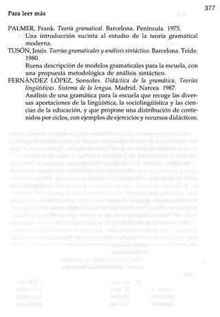 377
Paraleer más
PALME& Frank. Teoríagramatical.Barcelona.Penínsu.Ia.1975.
Una introducción sucinta al estudio de la teoría gramatical
moderna.
TUSÓN,fesús.Teoríasgramaticalesy anólisissinttictico.Barcelona.Teide.
1980.
Buenadescripciónde modelosgramaticalespara la escuela,con
una ProPue;stametodológica de análisis sintáctico.
FERNANDEZ LOPEZ, Sonsoles.Diddctica de la gramática.Teorías
Iingüísticas.Sistemade Ia lengua.Madrid. Narcea. 1987.
Análisis de una gramáticapara Ia escuelaque recogelas diver-
sasaportacionesde la lingüística, la sociolingüísticay las cien-
ciasde la educación/y que propone una distribución de conte-
nidos por ciclos,conejemplosde ejerciciosy recursosdidácticos.
 
