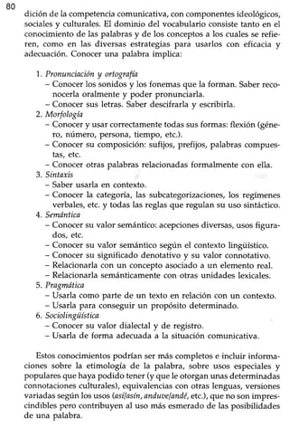 380
dición de la competenciacomunicativa,concomponentesideológicos,
socialesy culturales. El dominio del vocabulario consiste tanto en el
conocimientode las palabrasy de los conceptosa los cualesserefie-
ren, como en las diversas estrategiaspara usarlos con eficacia y
adecuación.Conoceruna palabra implica:
'1..Pronunciacióny ortogrffi
- Conocerlos sonidosy los fonemasque la forman. Saberreco-
nocerla oralmente y poder pronunciarla.
- Conocer sus letras. Saberdescifrarla y escribirla.
2. Morfología
- Conocery usar correctamentetodassusformas:flexión (géne-
ro, número, persona/tiempo, etc.).
- Conocer su composición:sufijos, prefijos, palabrascompues-
tas, etc.
- Conocerotras palabrasrelacionadasformalmente con ella.
3. Sintaxis
- Saberusarla en contexto.
- Conocer la categoría, las subcategorizaciones,los regímenes
verbales, etc. y todas las reglas que regulan su uso sintáctico.
4. Semóntica
- Conocersu valor semántico:acepcionesdiversas,usosfigura-
dos, etc.
- Conocer su valor semántico según el contexto lingüístico.
- Conocer su significado denotativo y su valor connotativo.
- Relacionarlacon un concepto.asociadoa un elementoreal.
- Relacionarla semánticamente con otras unidades lexicales.
5. Pragmdtica
- Usarla como parte de un texto en relación con un contexto.
- Usarla para conseguir un propósito determinado.
6. Sociolingüística
- Conocersu valor dialectal y de registro.
- Usarla de forma adecuadaa la situación comunicativa.
Estosconocimientos podrían ser más completos e incluir informa-
ciones sobre la etimología de la palabra, sobre usos especialesy
popularesquehayapodido tener(y quele otorganunasdeterminadas
connotacionesculturales),equivalenciascon otras lenguas,versiones
variadassegúnlosusos(asílnsín,anduaelandé,etc.),queno sonimpres-
cindibles pero contribuyen al uso más esmerado de las posibilidades
de una palabra.
 