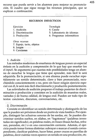 405
recurso que Pueda servir a
ción. El cuadro que sigue
explican a continuación:
los alumnos para mejorar su pronuncia-
recoge los recursos principales, que se
RECURSOS DIDACTICOS
Ejercicios Tecnologla
1. Audición 4. Casete
2. Discriminación 5. Laboratorio de idiomas
3. Producción 6. Programas informáticos
Otros recursos
7. Espejo,tacto, objetos
8. fuegos
9. Canciones
1. Audición
Losmétodosmodernosde enseñanzadelenguasponenun especial
énfasis en la audición y comprensión de lo que hay que enseñar (en
elinput). Seargumenta que cuantasmás posibilidades tenga un alum-
no de escuchar la lengua que tiene que aprender, más fácil le será
adquirirla. En la pronunciación,si una alumna puede escucharrepe-
tidamente un sonido determinado, claro y bien pronunciado, escu-
chiándoloconscientementeo no, pero sin hacer ningún ejercicio espe-
cial con él,le serámásfácil discriminarlo y producirlo posteriormente.
Lasactividadesde audición preparanel trabajoposteriorde discri-
minación y producción y consistenen la audición de muestrasreales,
variadas y de buena calidad, de lengua oral. Pueden ser todo tipo de
textos: canciones, discursos, conversaciones,etc.
2. Distiminación
Consisteen identificar un sonido determinado y distinguirlo de los
que le pueden serpróximos desdeun punto devista fonético. Por ejem-
plo, distinguir las oclusivas sonorasde las sordas,etc. Sepueden dis-
criminar sonidos sueltos, en sflabas,en "logotomos" (palabras inven-
tadassin significado),enpalabrasreales,enfrases(fraseshechas,refra-
nes,pareados,etc.)o en una conversacióncorriente.Además,el ejer-
cicio puede tomar formas distintas: subrayar o marcar el sonido cotres-
pondiente, clasificar palabras,hacerlistas, poner crucesen parrillas de
palabras,decircuántasvecesapareceun sonidoenunaproducción,etc.
 